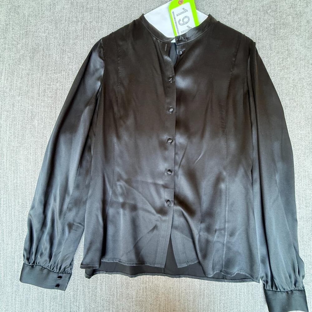 J. Mendél Designer Shirt Top Women 10 Black Silk Long Sleeve Luxury Button Front